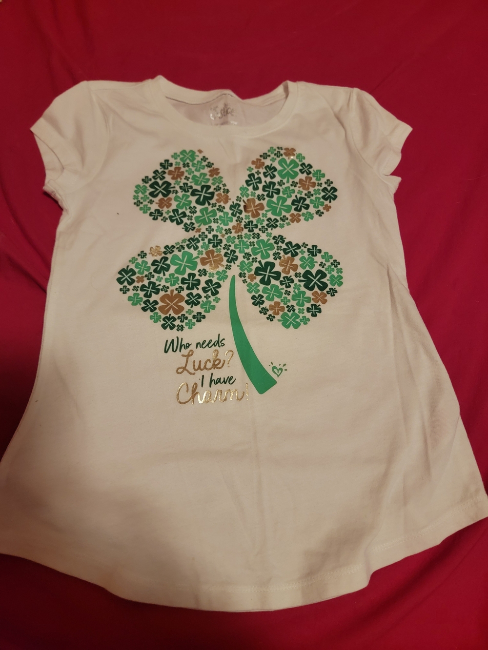 Justice White Tee with Green and Gold Shamrock Clover Graphic